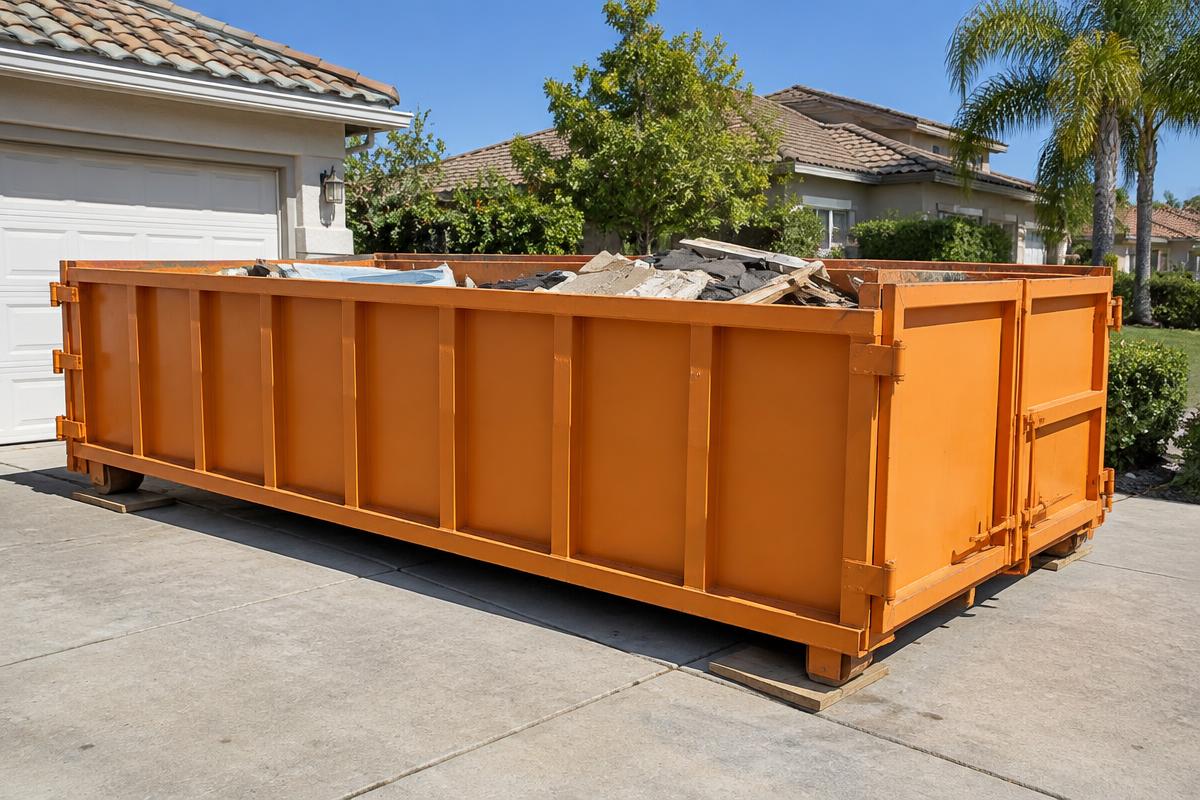 15 yard lowboy dumpster parked on a residential driveway